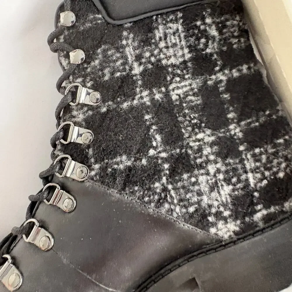 Marc Fisher Lanzia Combat Leather Boots 13 Black NWT Plaid Academia Prep Y2K 90s